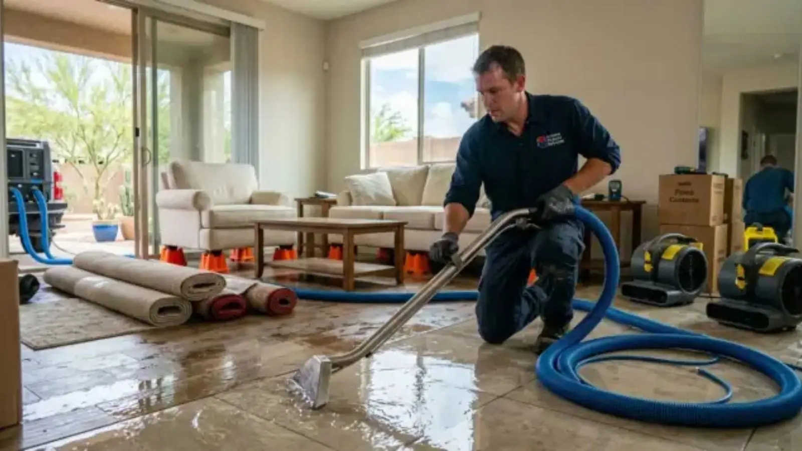 Technician extracting water from a flooded living room with hoses and air movers
